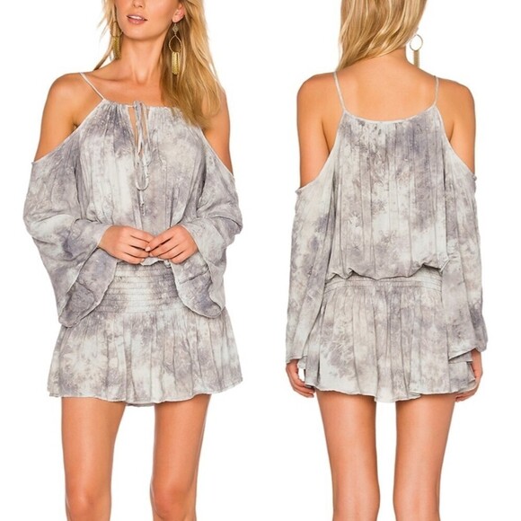 BLUE LIFE Shirred Waist Dress Cold Shoulder Mini in Boho Goddess Oasis Grey XS - Picture 1 of 14